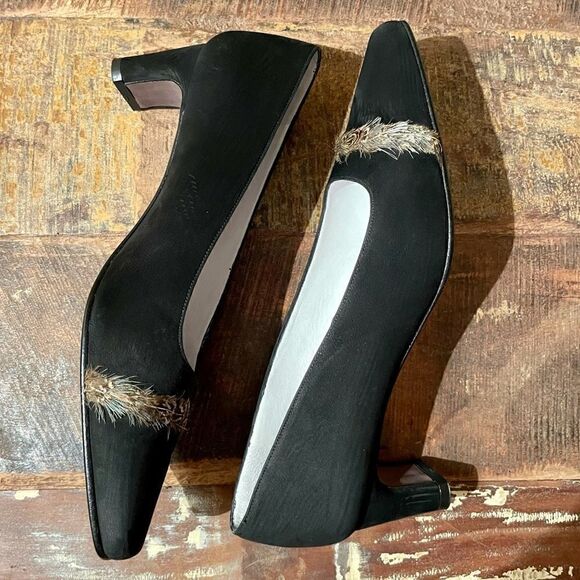 Vintage Delman Black Suede Square Toe Kitten Heels - Picture 1 of 13